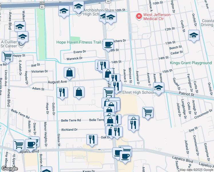 map of restaurants, bars, coffee shops, grocery stores, and more near 1600 Barataria Boulevard in Marrero