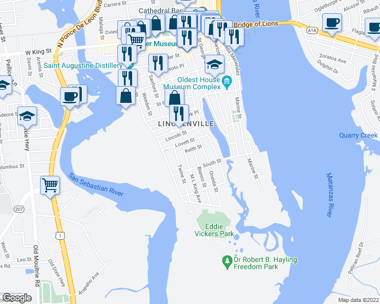 map of restaurants, bars, coffee shops, grocery stores, and more near 147 Martin Luther King Avenue in St. Augustine