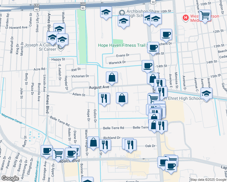 map of restaurants, bars, coffee shops, grocery stores, and more near 5301 August Avenue in Marrero