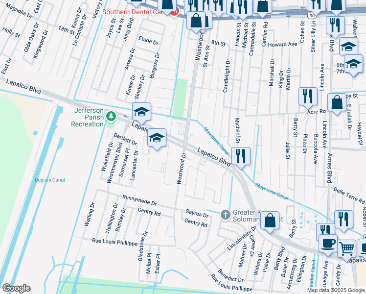 map of restaurants, bars, coffee shops, grocery stores, and more near 14 Westwood Drive in Marrero