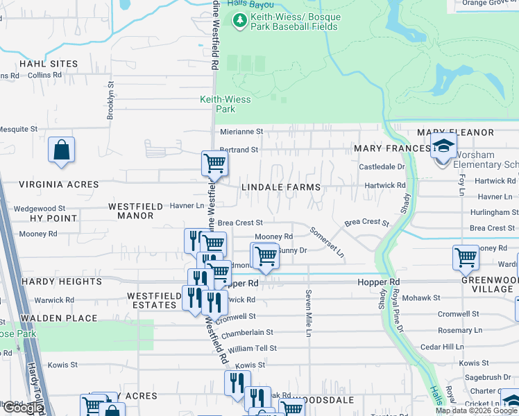 map of restaurants, bars, coffee shops, grocery stores, and more near 2231 Brea Crest Street in Houston