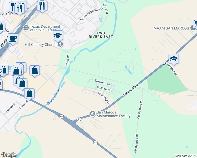 map of restaurants, bars, coffee shops, grocery stores, and more near 303 Trestle Tree in San Marcos