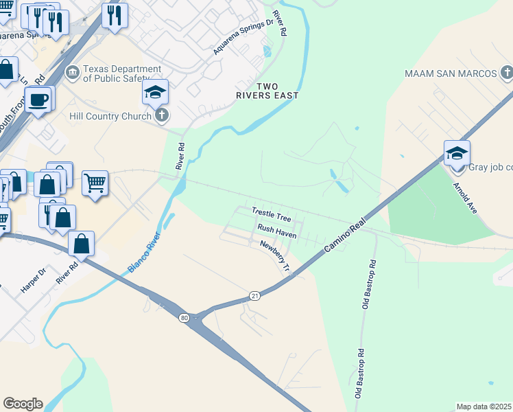 map of restaurants, bars, coffee shops, grocery stores, and more near 303 Trestle Tree in San Marcos