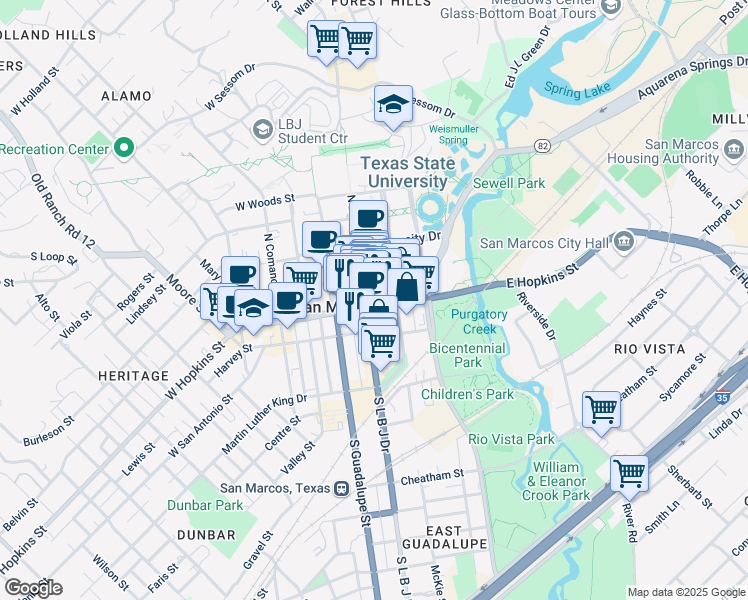 map of restaurants, bars, coffee shops, grocery stores, and more near in San Marcos