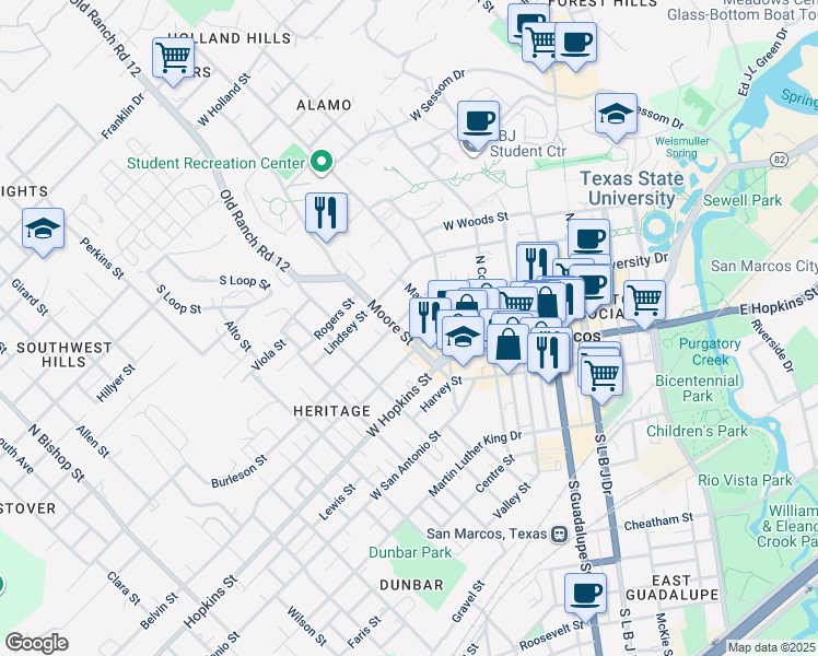 map of restaurants, bars, coffee shops, grocery stores, and more near 500 West Hutchison Street in San Marcos