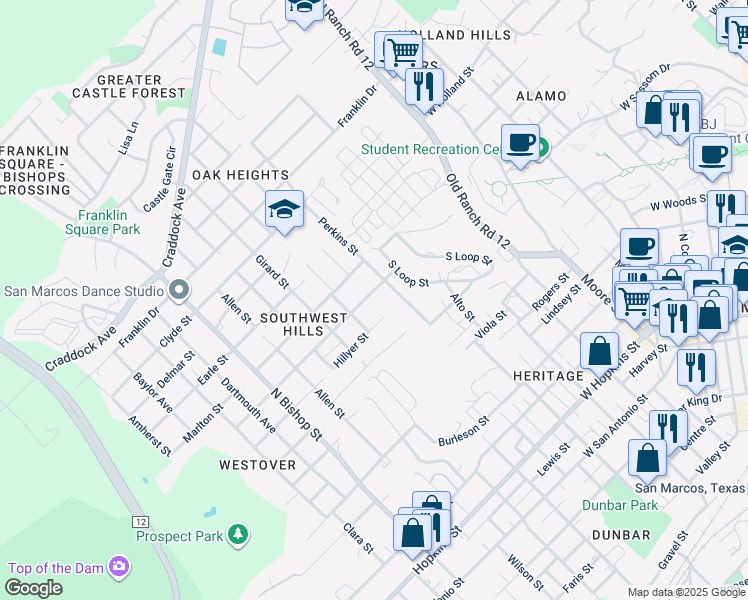 map of restaurants, bars, coffee shops, grocery stores, and more near 816 A B Hillyer Street in San Marcos