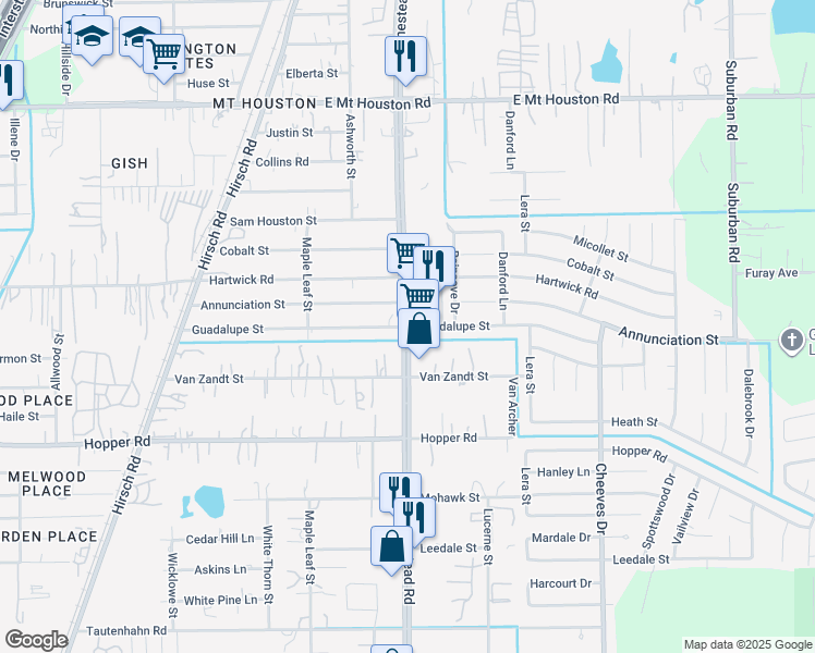 map of restaurants, bars, coffee shops, grocery stores, and more near 6001 Guadalupe Street in Houston