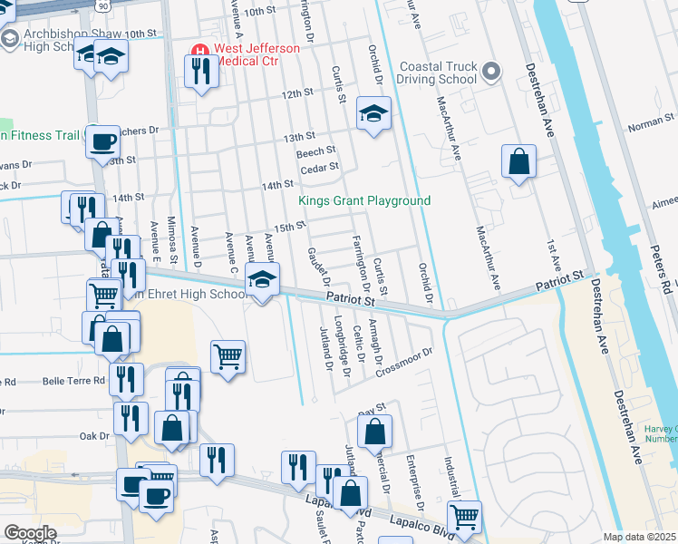 map of restaurants, bars, coffee shops, grocery stores, and more near 1576 Gaudet Drive in Marrero