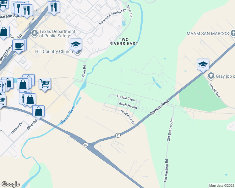 map of restaurants, bars, coffee shops, grocery stores, and more near 303 Trestle Tree in San Marcos