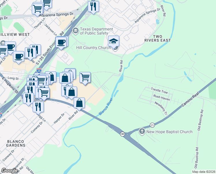 map of restaurants, bars, coffee shops, grocery stores, and more near 1754 River Road in San Marcos