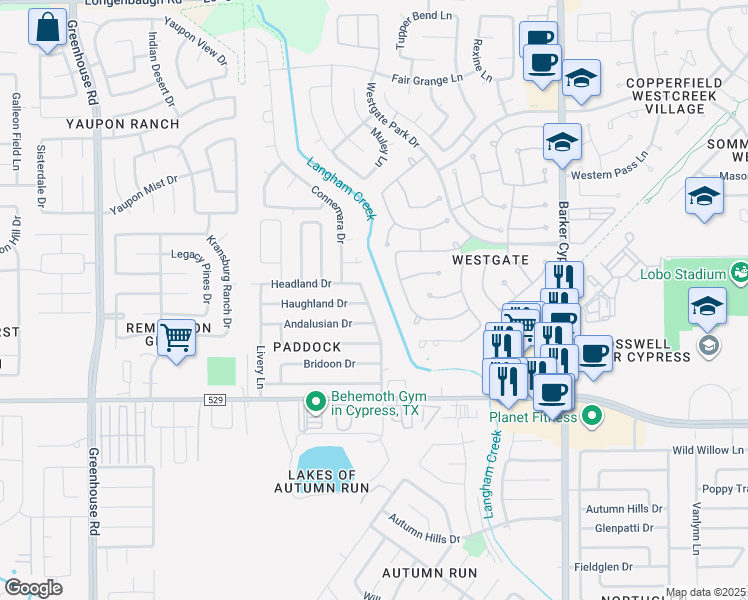 map of restaurants, bars, coffee shops, grocery stores, and more near 7218 Paddock Bend Drive in Cypress