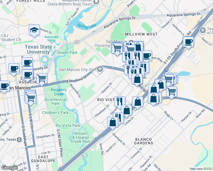 map of restaurants, bars, coffee shops, grocery stores, and more near 1041 Field Street in San Marcos