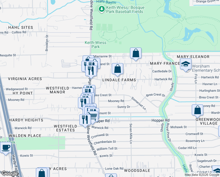map of restaurants, bars, coffee shops, grocery stores, and more near 2231 Brea Crest Street in Houston