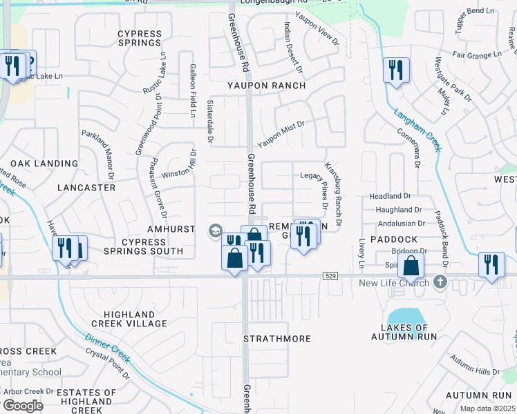 map of restaurants, bars, coffee shops, grocery stores, and more near 7315 Lapis Meadow Drive in Cypress
