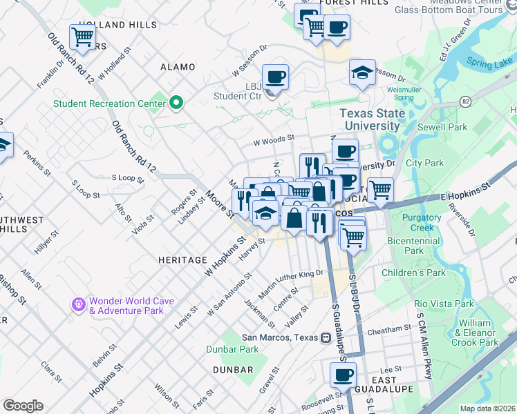map of restaurants, bars, coffee shops, grocery stores, and more near 332 West Hopkins Street in San Marcos