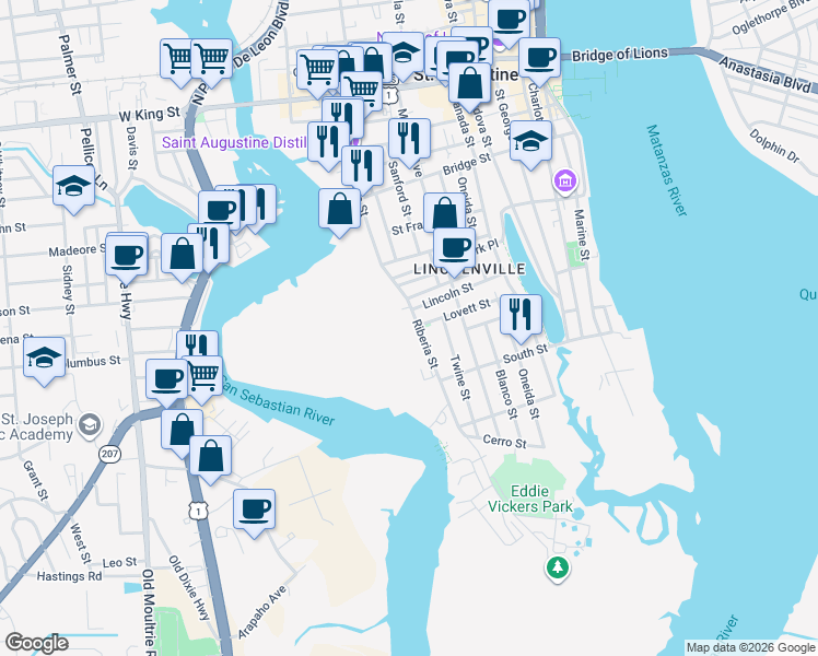 map of restaurants, bars, coffee shops, grocery stores, and more near 232 Riberia Street in St. Augustine