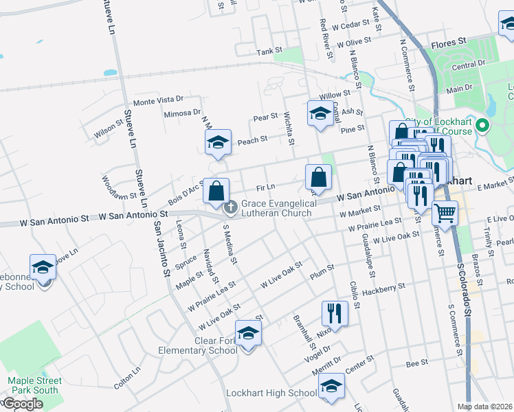 map of restaurants, bars, coffee shops, grocery stores, and more near 806 West San Antonio Street in Lockhart