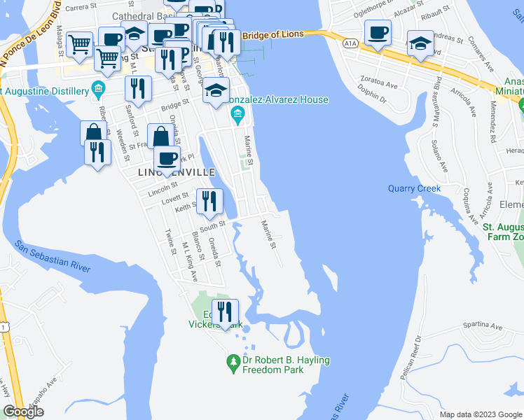 map of restaurants, bars, coffee shops, grocery stores, and more near 155 Marine Street in St. Augustine