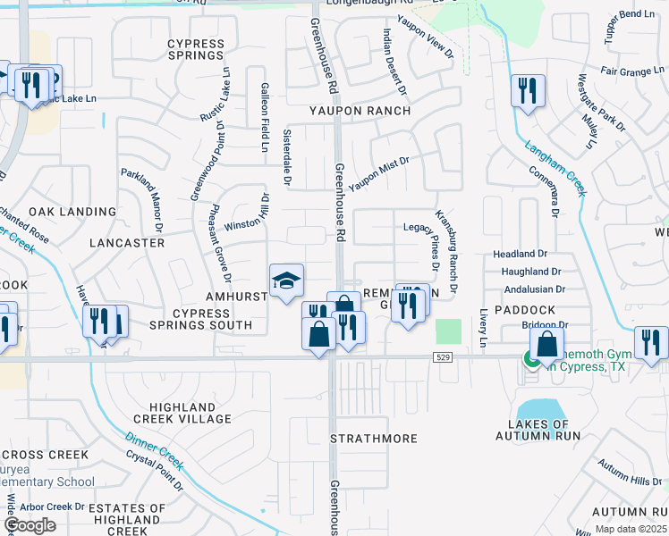 map of restaurants, bars, coffee shops, grocery stores, and more near 7307 Lapis Meadow Drive in Cypress