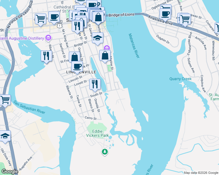 map of restaurants, bars, coffee shops, grocery stores, and more near 152 Marine Street in St. Augustine