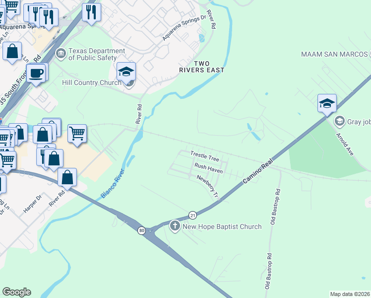 map of restaurants, bars, coffee shops, grocery stores, and more near 335 Rachel Street in San Marcos