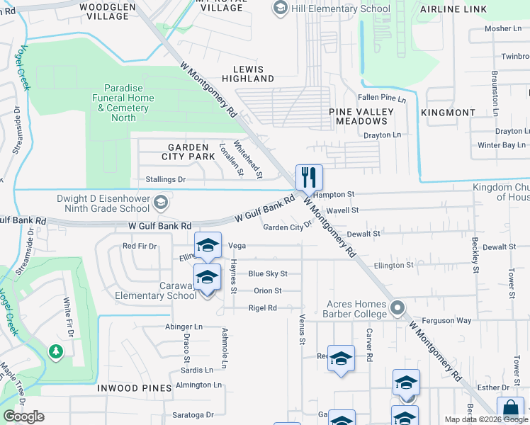 map of restaurants, bars, coffee shops, grocery stores, and more near 9601 West Montgomery Road in Houston