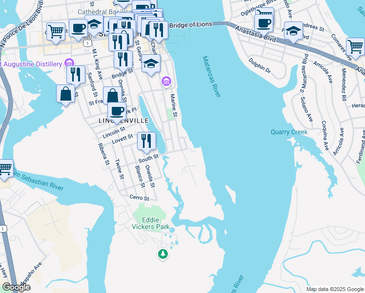 map of restaurants, bars, coffee shops, grocery stores, and more near 152 Marine Street in St. Augustine