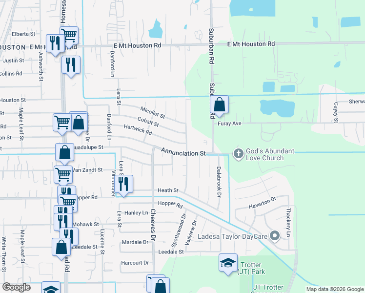 map of restaurants, bars, coffee shops, grocery stores, and more near 6622 Annunciation Street in Houston