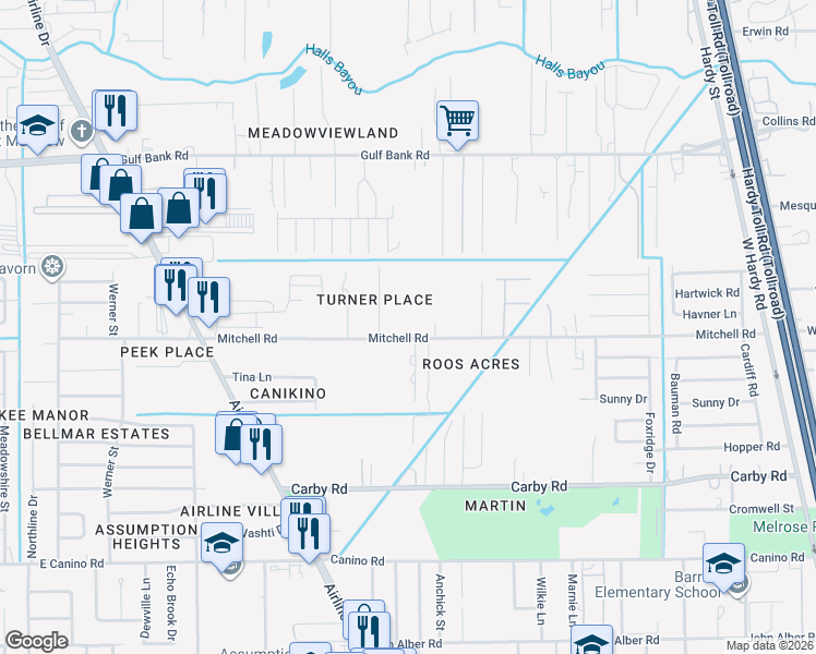 map of restaurants, bars, coffee shops, grocery stores, and more near 526a Mitchell Road in Houston