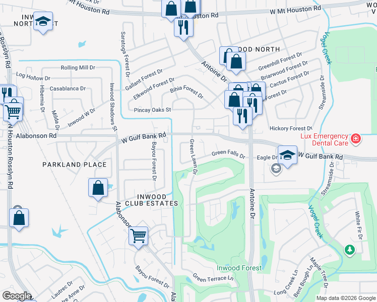 map of restaurants, bars, coffee shops, grocery stores, and more near 6010 Green Falls Drive in Houston