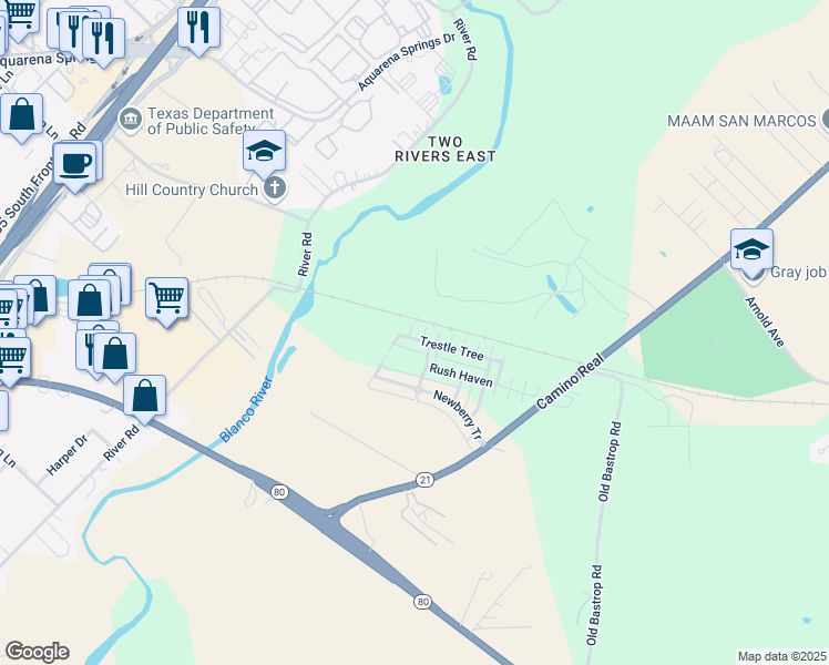 map of restaurants, bars, coffee shops, grocery stores, and more near 303 Trestle Tree in San Marcos