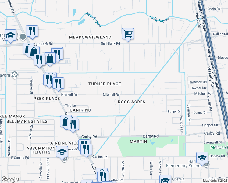 map of restaurants, bars, coffee shops, grocery stores, and more near 526a Mitchell Road in Houston