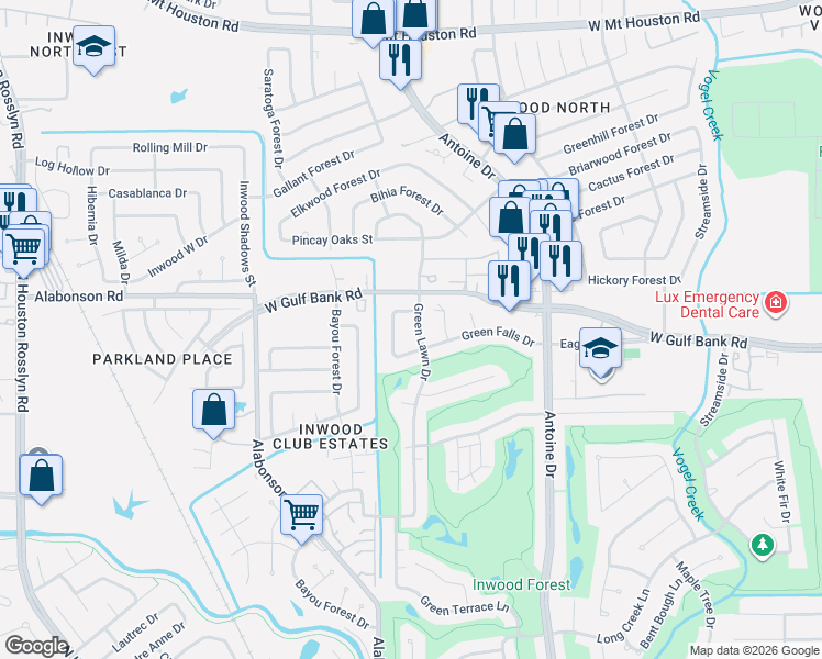 map of restaurants, bars, coffee shops, grocery stores, and more near 6010 Green Falls Drive in Houston