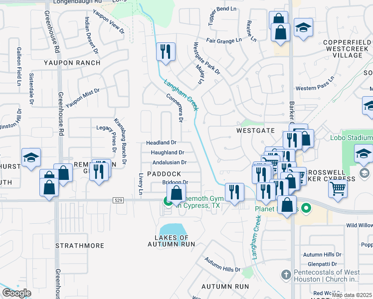 map of restaurants, bars, coffee shops, grocery stores, and more near 18514 Haughland Drive in Cypress