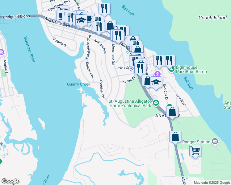 map of restaurants, bars, coffee shops, grocery stores, and more near 138 Menendez Road in St. Augustine