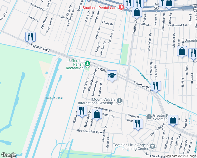 map of restaurants, bars, coffee shops, grocery stores, and more near 1520 Somerset Place in Marrero