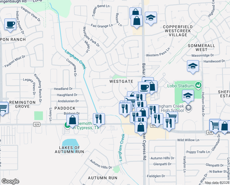 map of restaurants, bars, coffee shops, grocery stores, and more near 18214 Waverly Bend Lane in Cypress