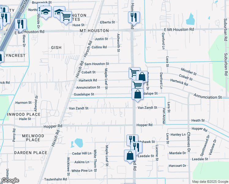 map of restaurants, bars, coffee shops, grocery stores, and more near 5810 Guadalupe Street in Houston