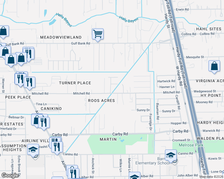 map of restaurants, bars, coffee shops, grocery stores, and more near 1008 Mitchell Road in Houston