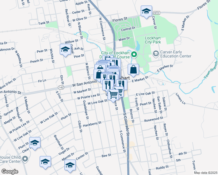 map of restaurants, bars, coffee shops, grocery stores, and more near 202 East Prairie Lea Street in Lockhart