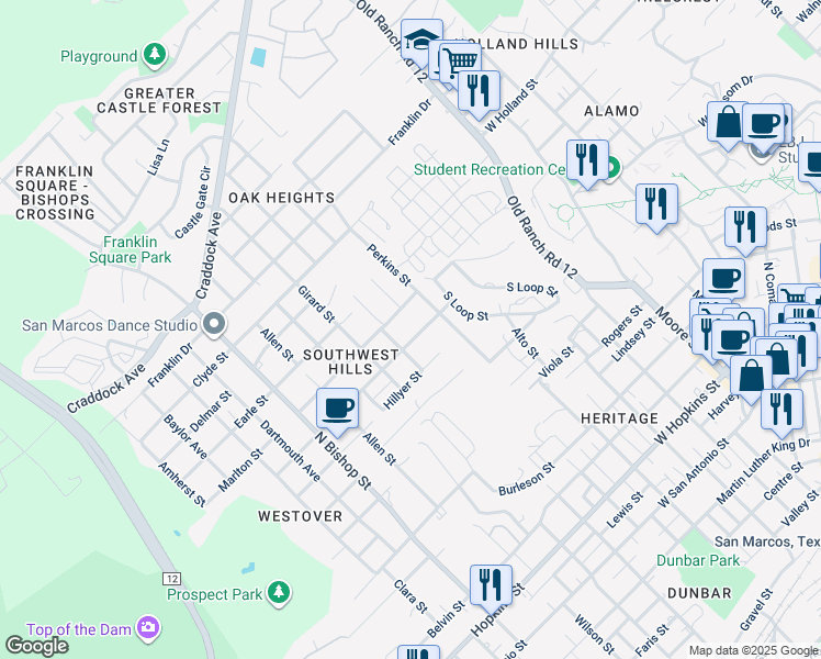 map of restaurants, bars, coffee shops, grocery stores, and more near 902 Hazelton Street in San Marcos
