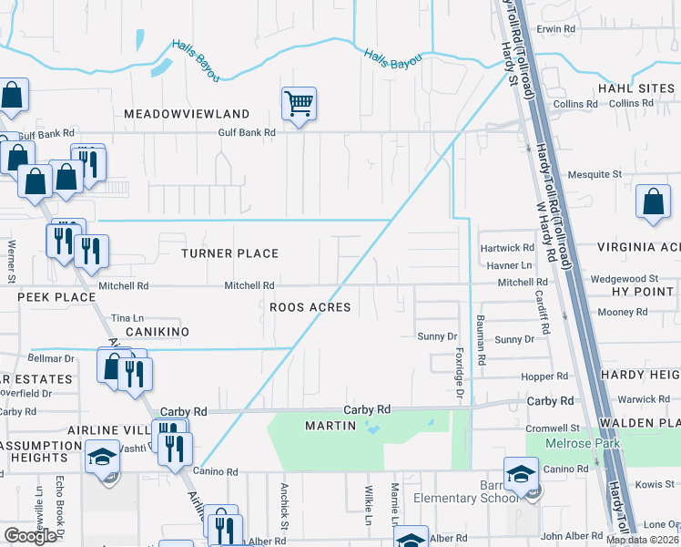 map of restaurants, bars, coffee shops, grocery stores, and more near 1008 Mitchell Road in Houston