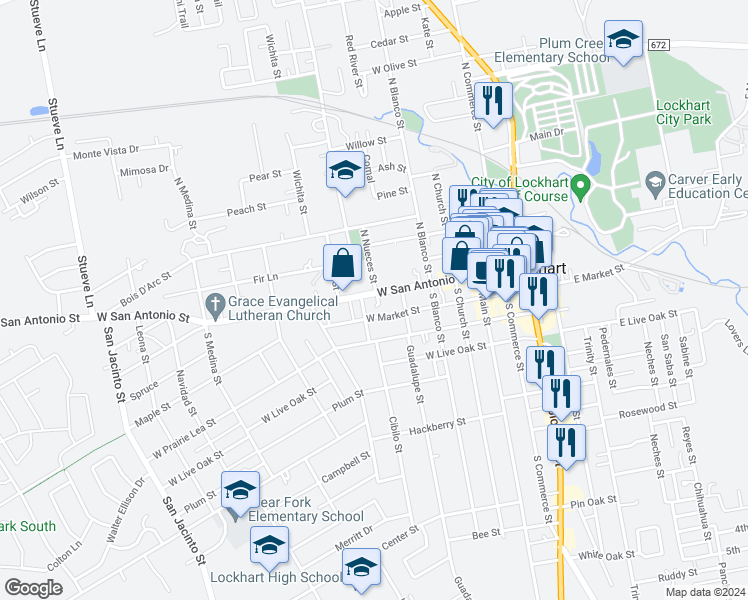 map of restaurants, bars, coffee shops, grocery stores, and more near 502 West San Antonio Street in Lockhart