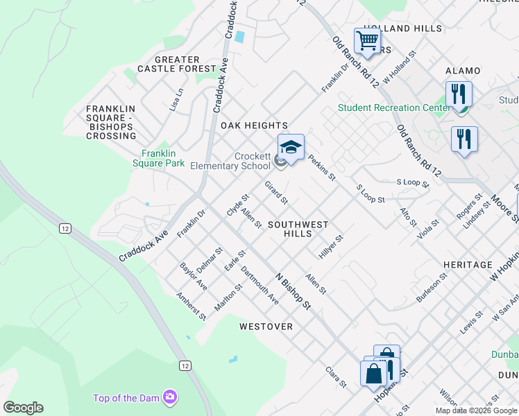 map of restaurants, bars, coffee shops, grocery stores, and more near 1200 North Bishop Street in San Marcos