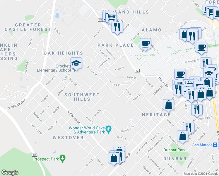 map of restaurants, bars, coffee shops, grocery stores, and more near 802 Perkins Street in San Marcos