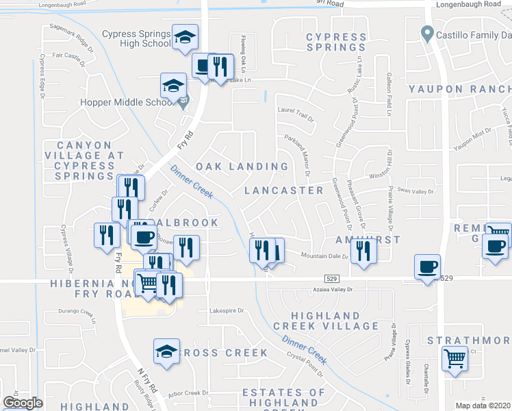 map of restaurants, bars, coffee shops, grocery stores, and more near 7214 River Pines Drive in Cypress
