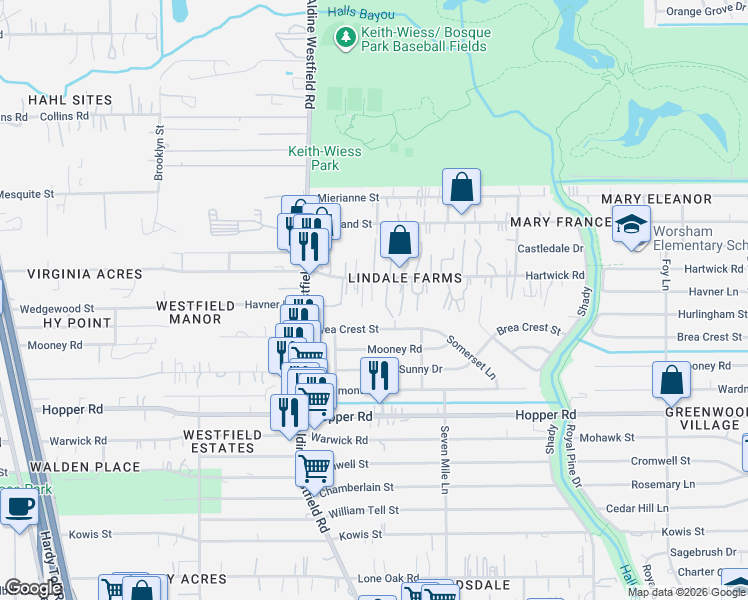 map of restaurants, bars, coffee shops, grocery stores, and more near 2154 Hartwick Road in Houston