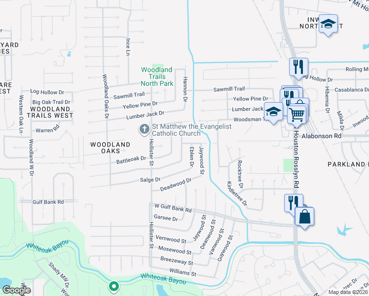 map of restaurants, bars, coffee shops, grocery stores, and more near 7507 Battlepine Court in Houston