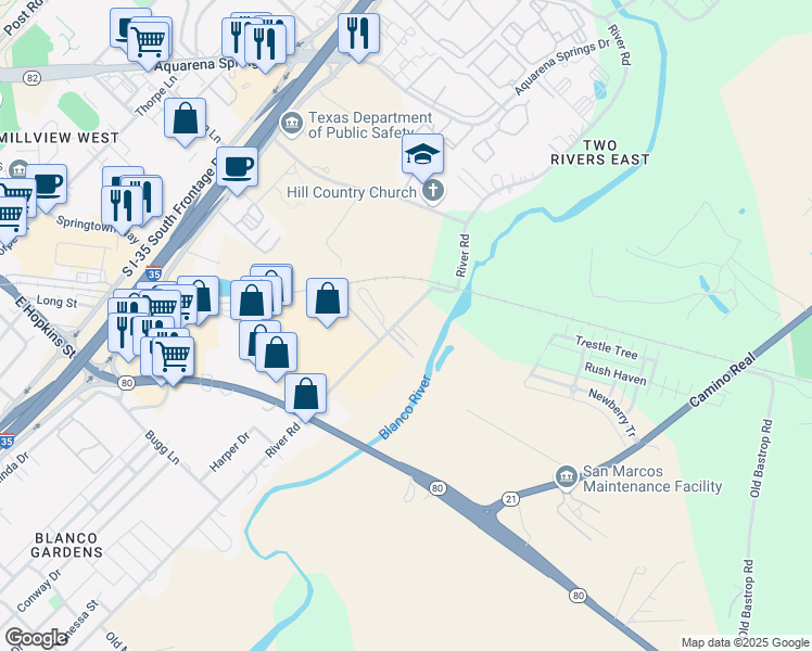 map of restaurants, bars, coffee shops, grocery stores, and more near 1801 River Road in San Marcos