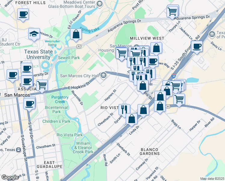 map of restaurants, bars, coffee shops, grocery stores, and more near 1113-15 Haynes in San Marcos